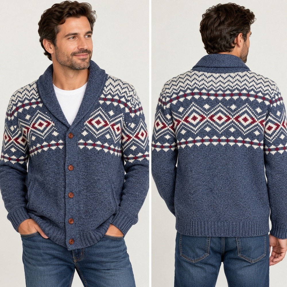 Lucky Brand Cardigan Mens XL Blue Wool Blend Fair Isle Shawl Collar Button Up